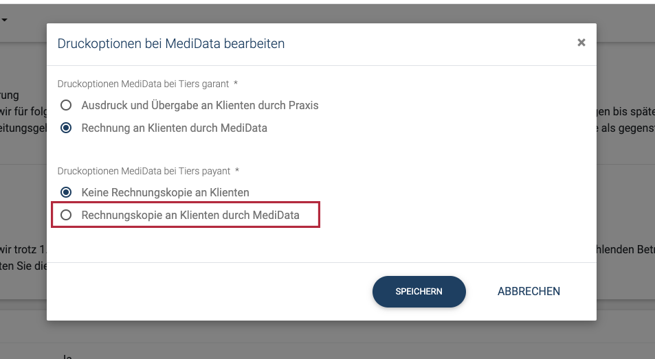 Hier aktivieren Sie die Option Rechnungskopie an Klienten durch Medidata