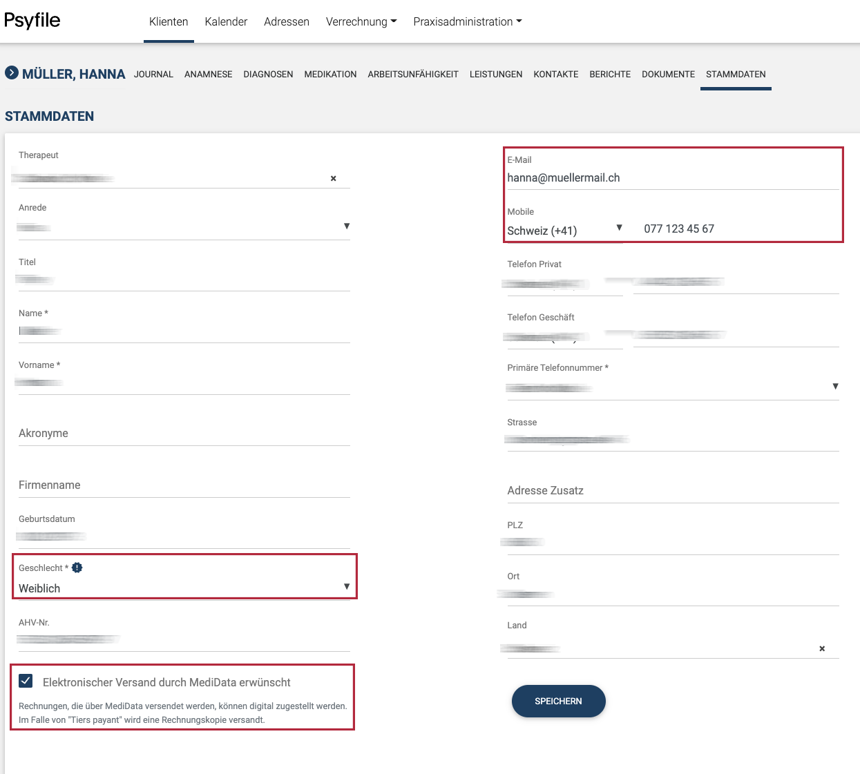 Beim Versand durch MediaData müssen folgende Felder ausgefüllt werden, E-Mail Adresse und Mobiltelefon Nummer